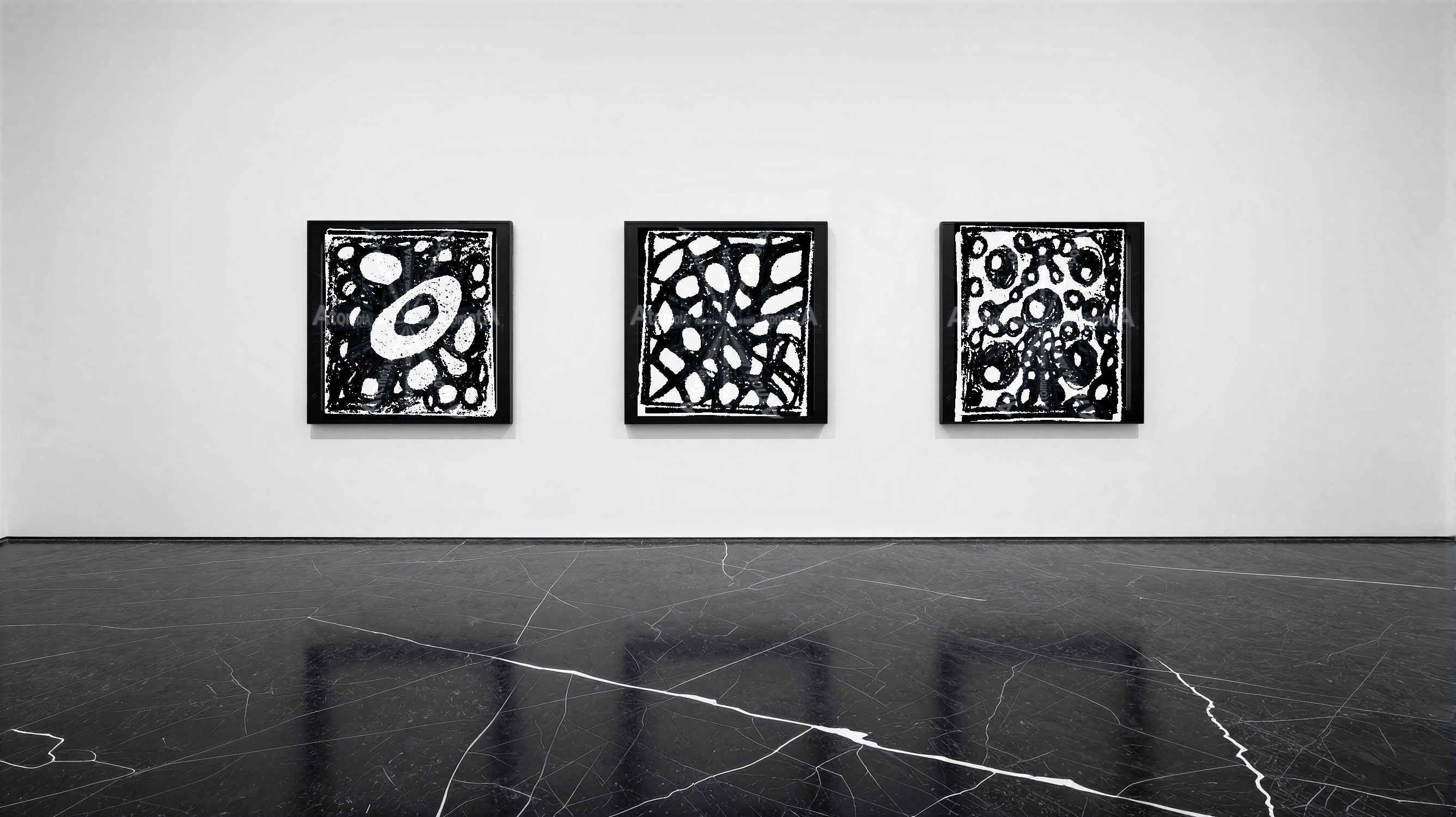 Three vertical black and white art prints by AtomotA (André P. Winter) featuring high-contrast organic mandala structures on textured paper, displayed in TheAtomotA ArtGallery.