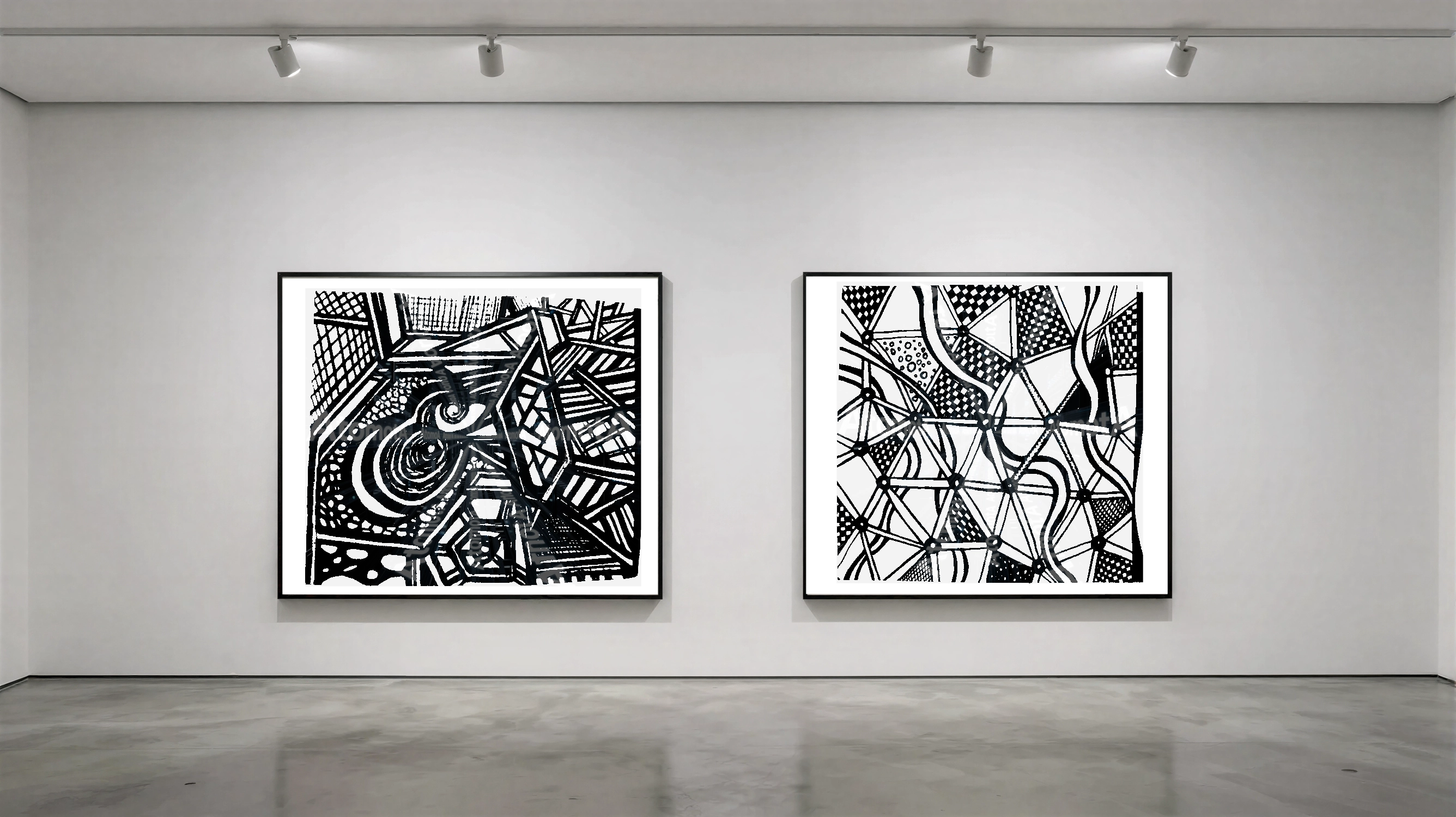 Three vertical black and white art prints by AtomotA (André P. Winter) featuring high-contrast organic mandala structures on textured paper, displayed in TheAtomotA ArtGallery.