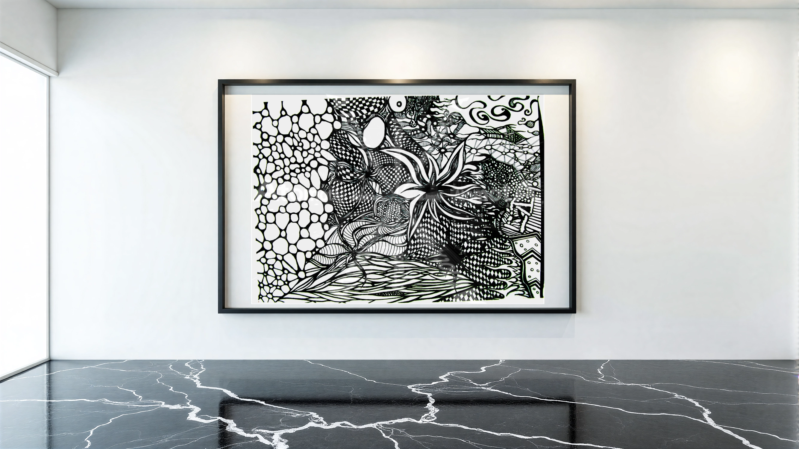 One vertical digitized, hand-drawn black and white sketch by AtomotA Title:Atoms of thought. by AtomotA (André P. Winter) featuring high-contrast structures on paper, displayed in TheAtomotA ArtGallery.