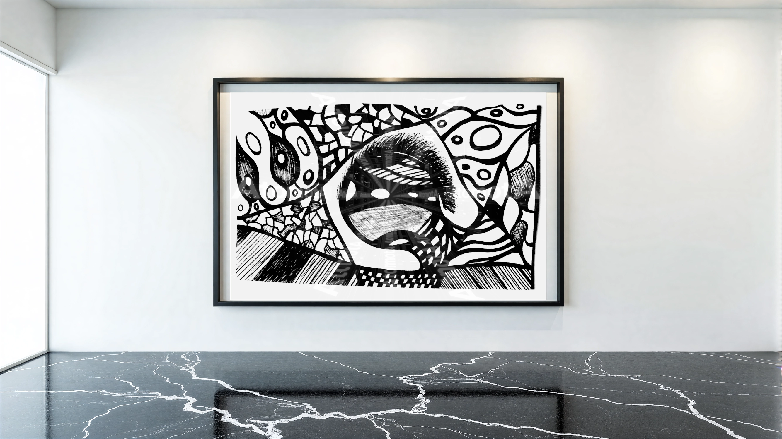 One digitized, hand-drawn black and white sketch by AtomotA (André P. Winter) featuring high-contrast organic mandala structures on textured paper, displayed in TheAtomotA ArtGallery.