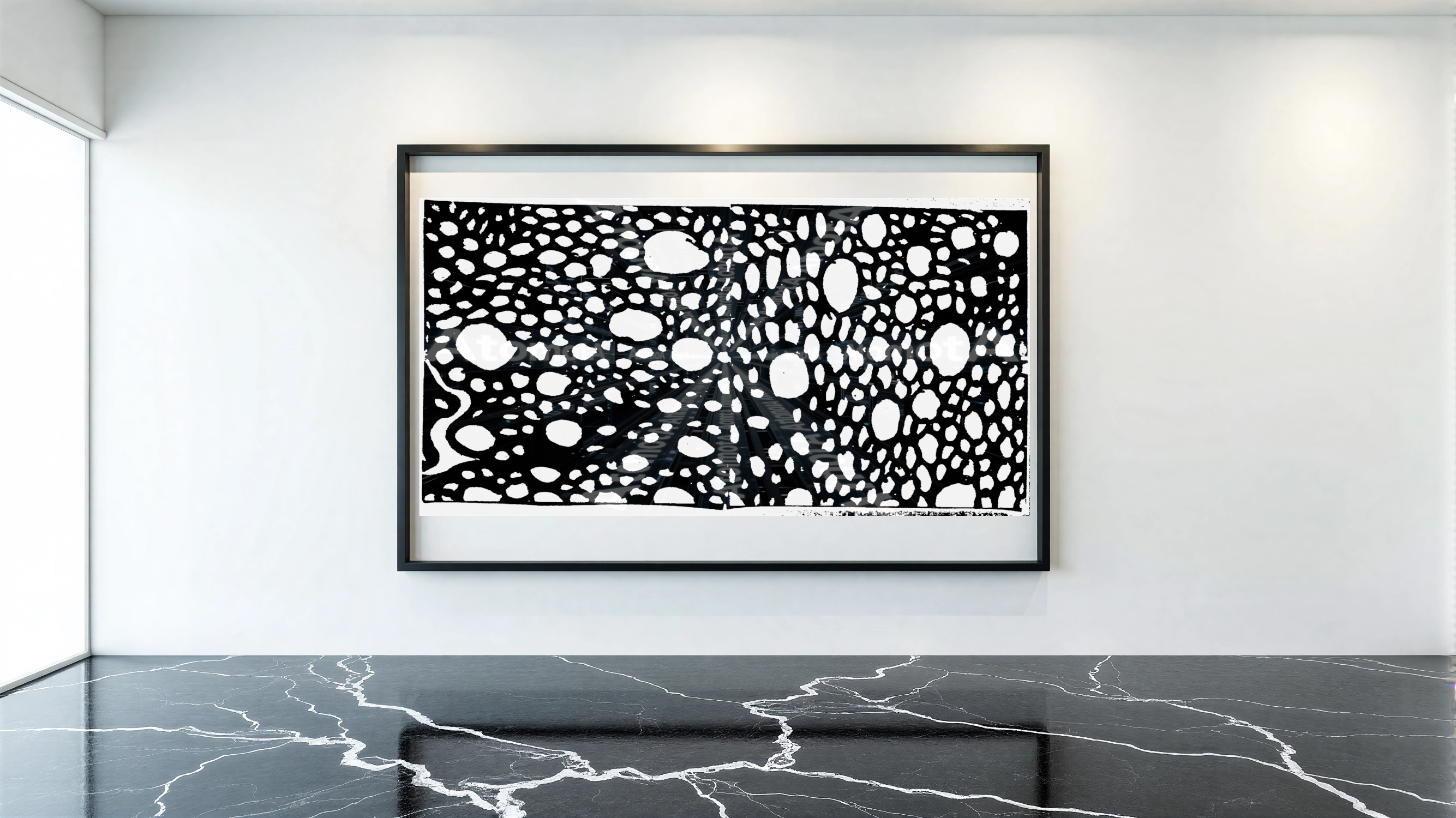 Three vertical black and white art prints by AtomotA (André P. Winter) featuring high-contrast organic mandala structures on textured paper, displayed in TheAtomotA ArtGallery.