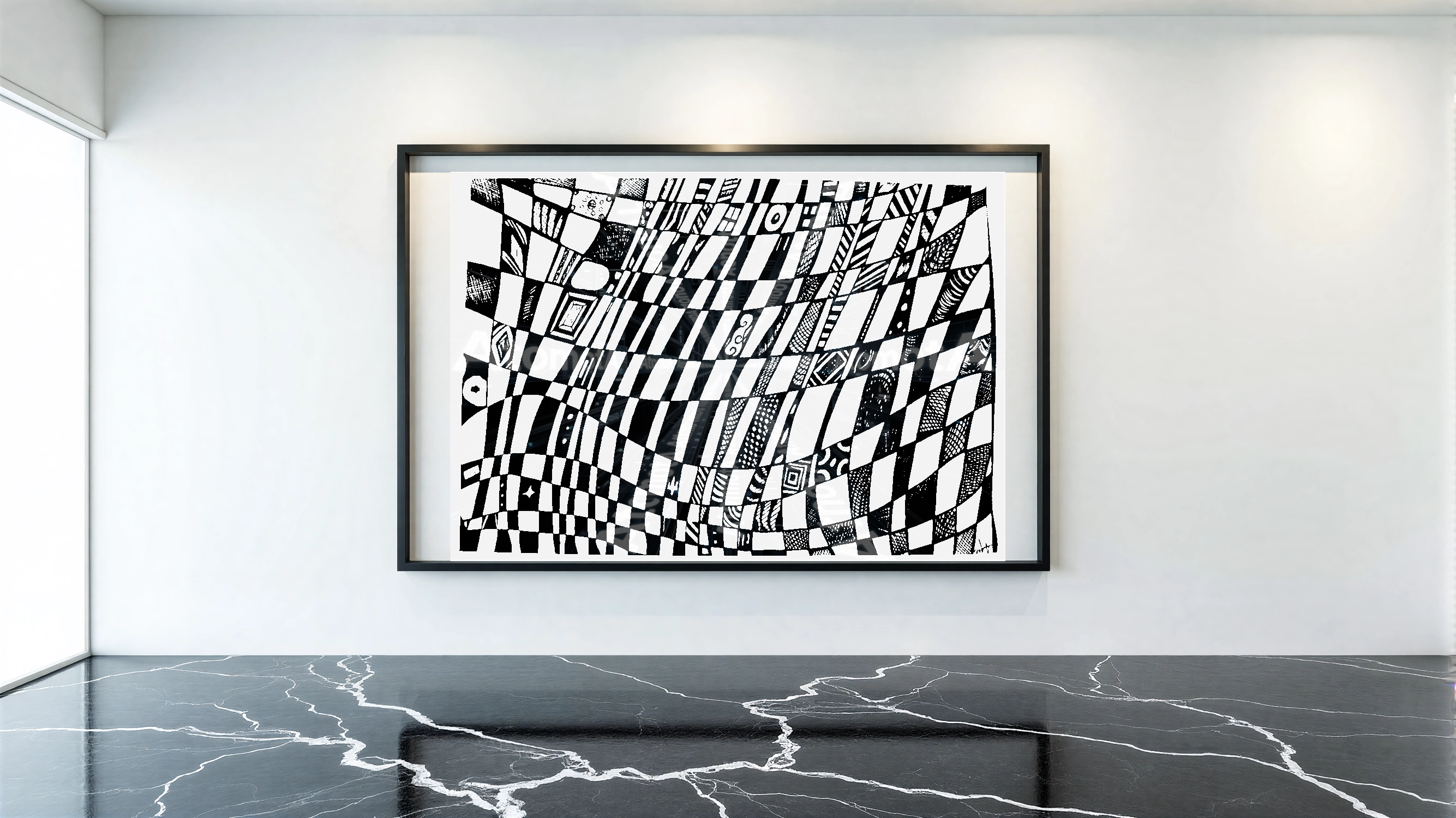 Three vertical black and white art prints by AtomotA (André P. Winter) featuring high-contrast organic mandala structures on textured paper, displayed in TheAtomotA ArtGallery.