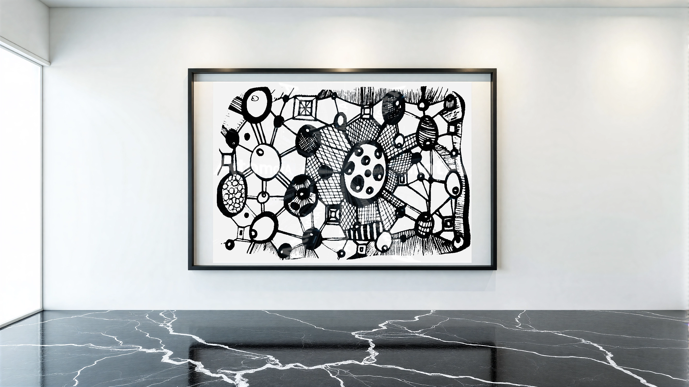 Three vertical black and white art prints by AtomotA (André P. Winter) featuring high-contrast organic mandala structures on textured paper, displayed in TheAtomotA ArtGallery.