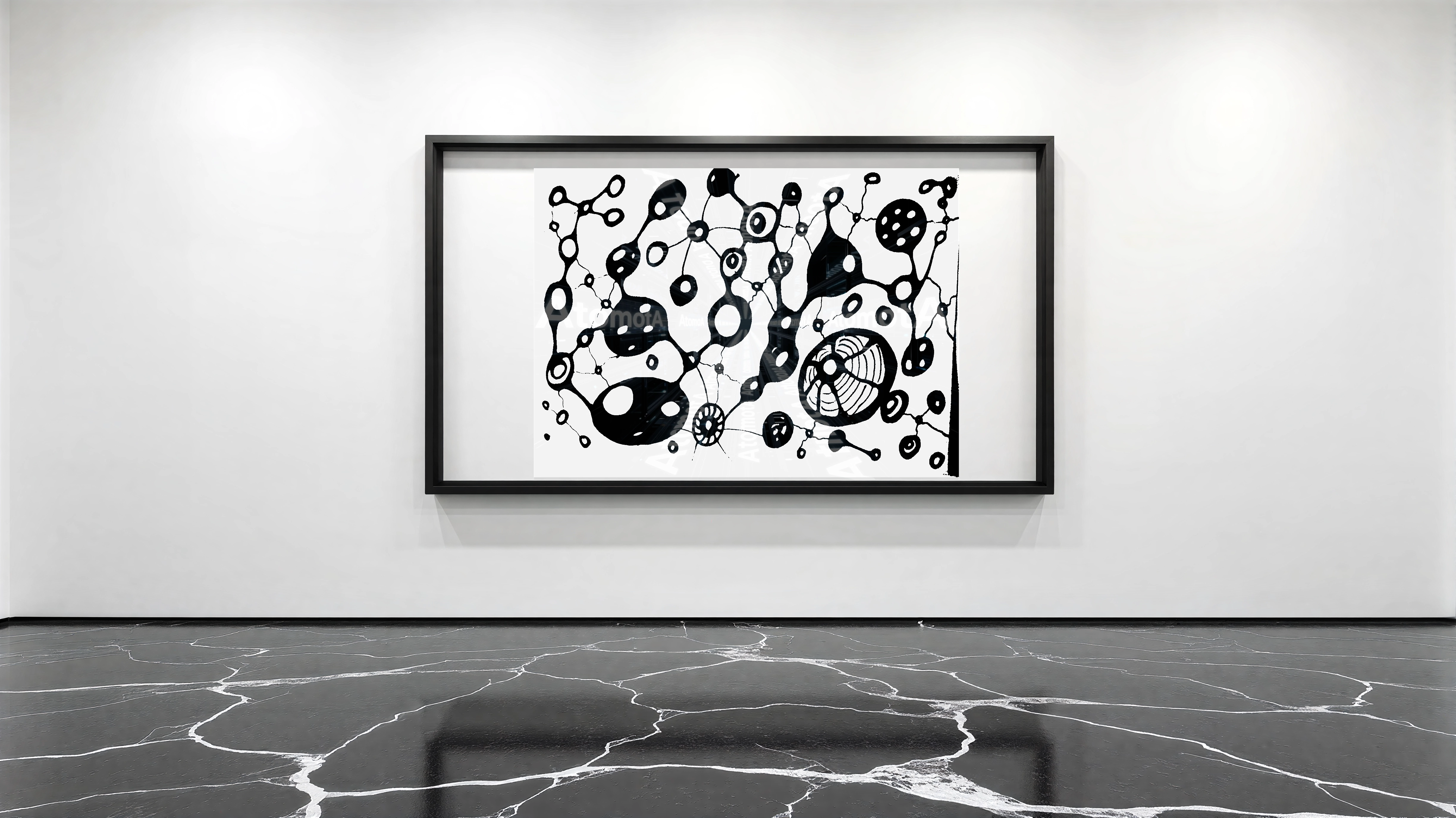 Three vertical black and white art prints by AtomotA (André P. Winter) featuring high-contrast organic mandala structures on textured paper, displayed in TheAtomotA ArtGallery.