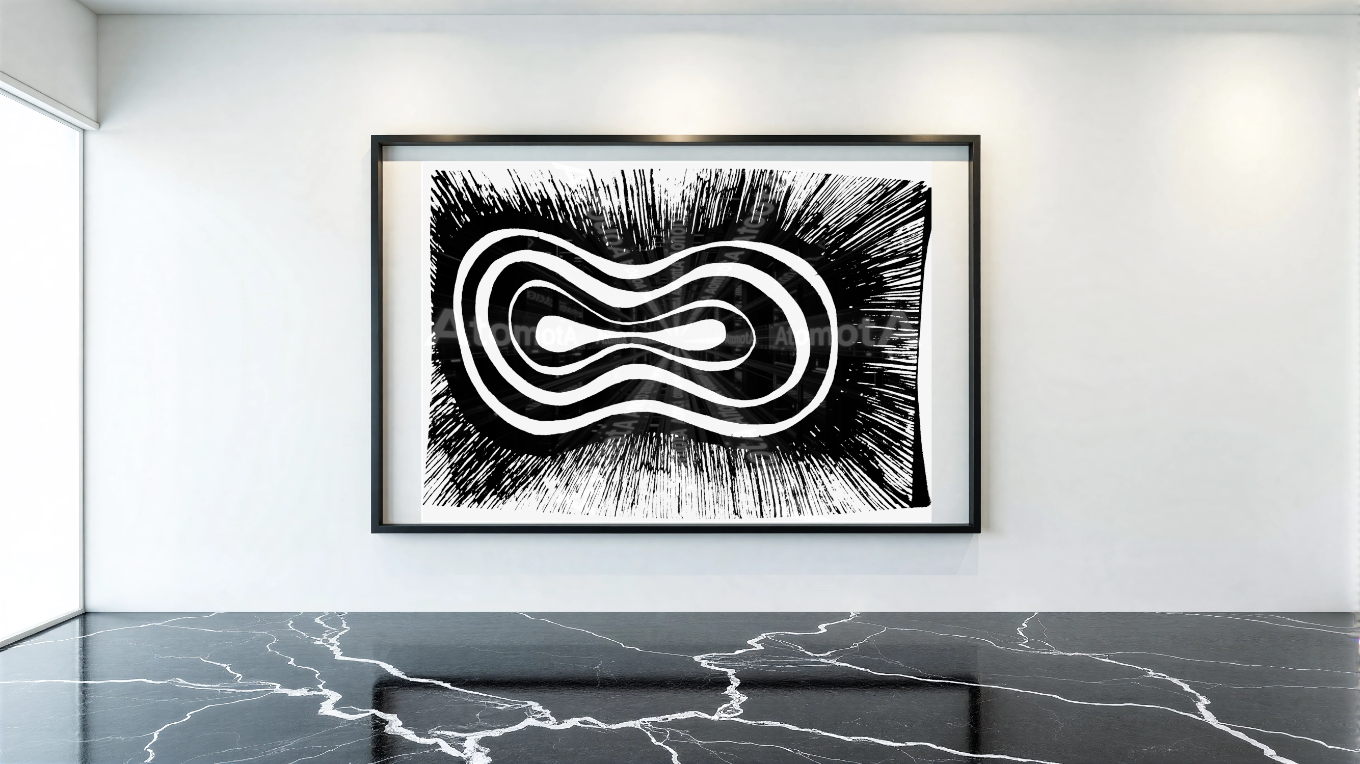 One digitized, hand-drawn black and white sketch by AtomotA (André P. Winter) featuring high-contrast organic mandala structures on textured paper, displayed in TheAtomotA ArtGallery.