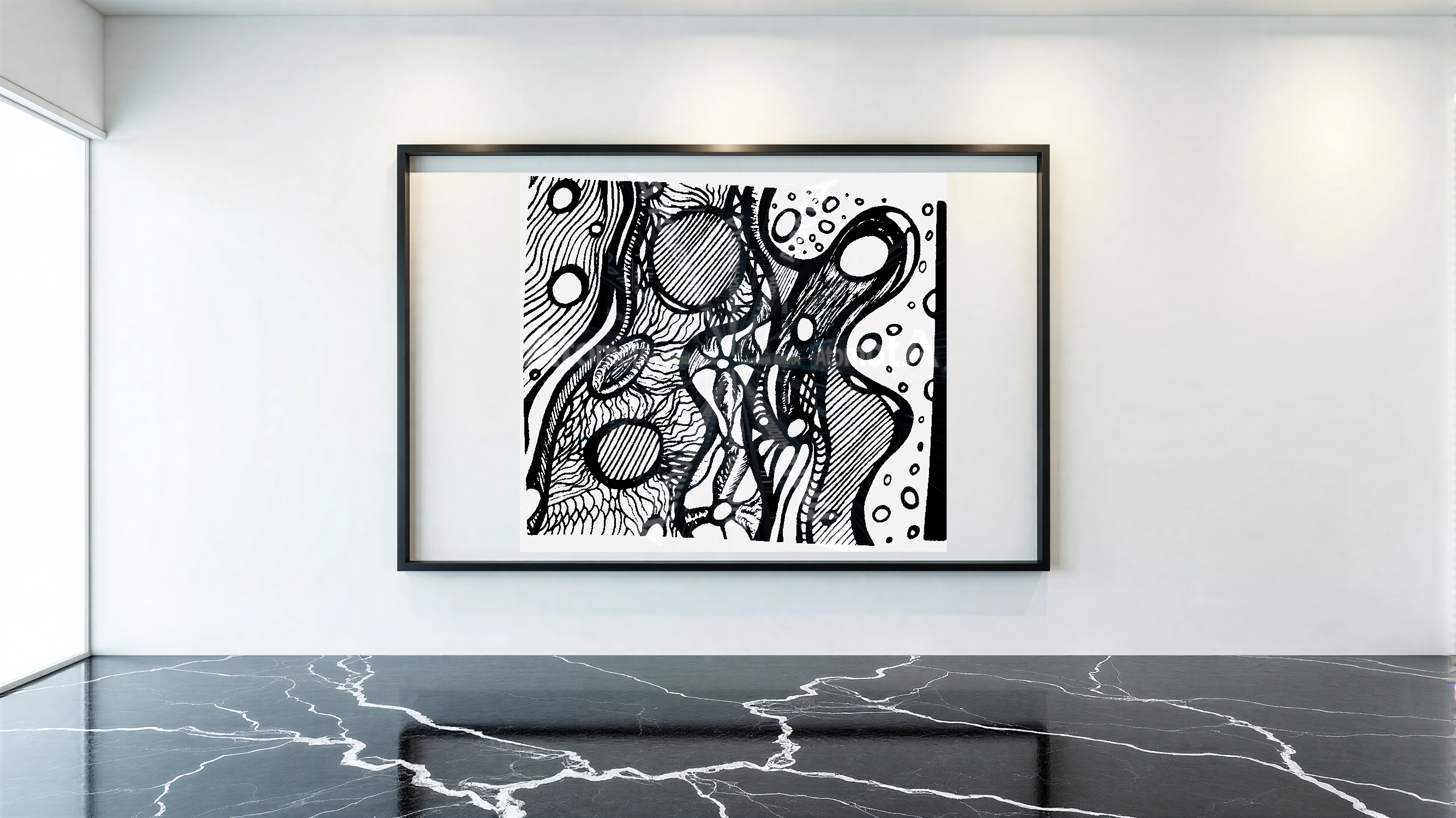 Three vertical black and white art prints by AtomotA (André P. Winter) featuring high-contrast organic mandala structures on textured paper, displayed in TheAtomotA ArtGallery.