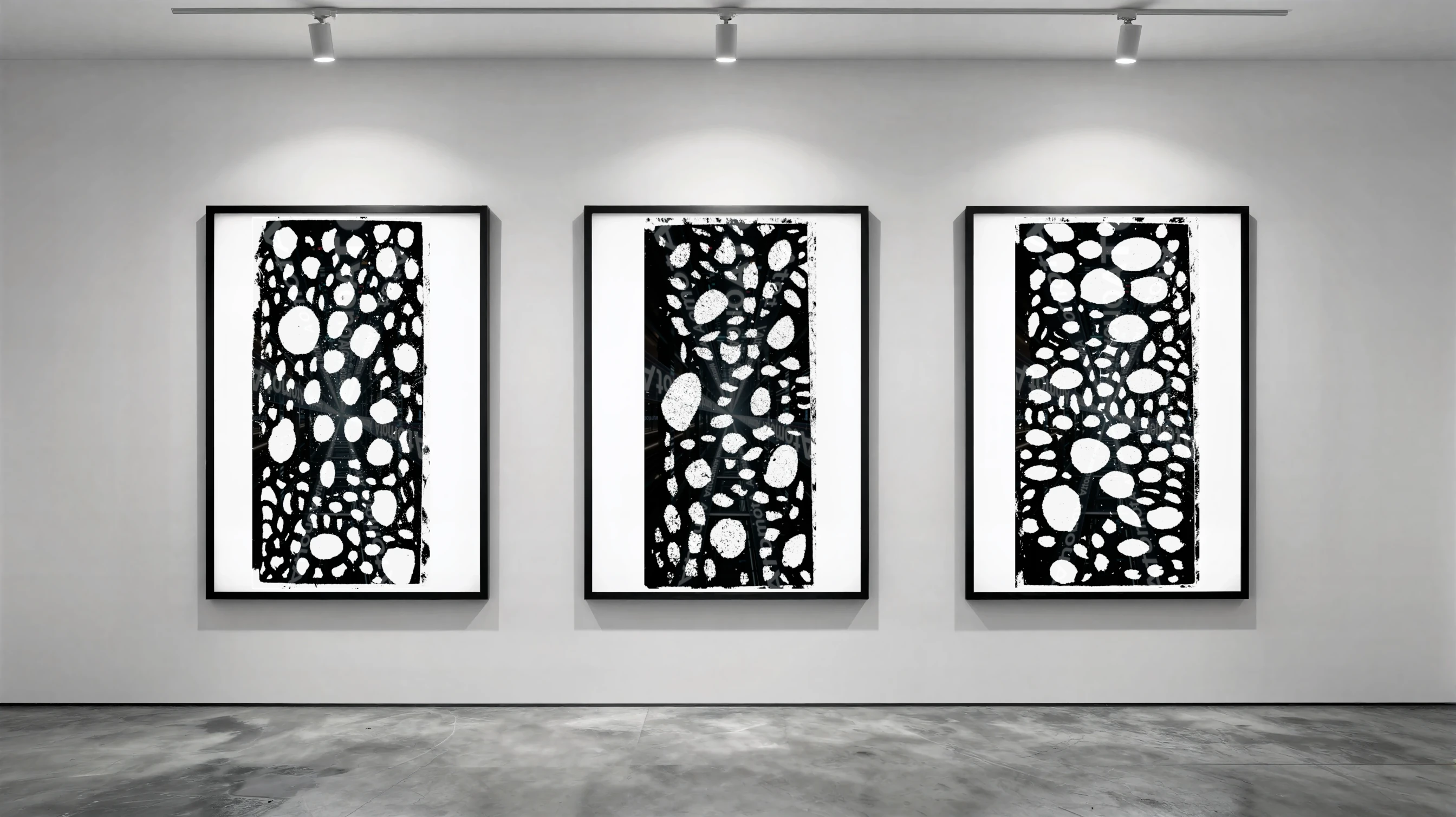 Three vertical black and white art prints by AtomotA (André P. Winter) featuring high-contrast organic cell structures on textured paper, displayed in TheAtomotA ArtGallery.
