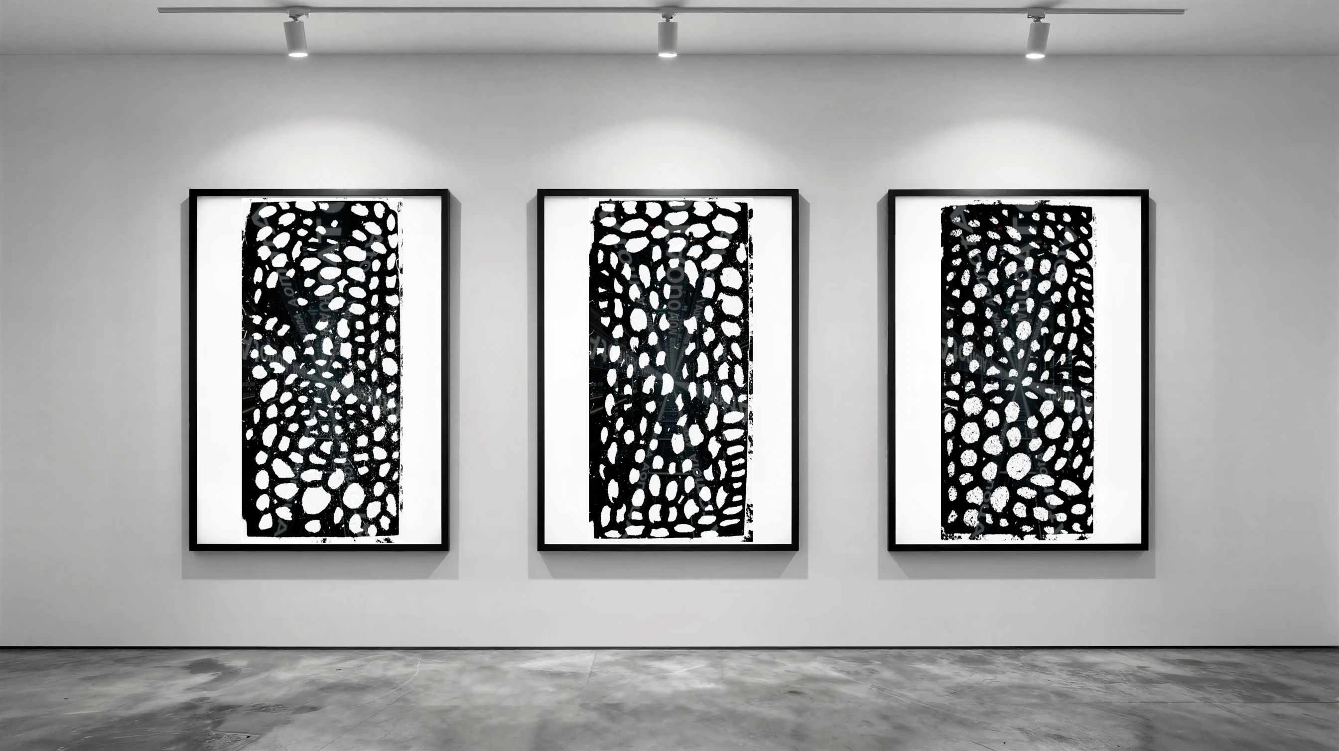 Three vertical black and white art prints by AtomotA (André P. Winter) featuring high-contrast organic cell structures on textured paper, displayed in TheAtomotA ArtGallery.