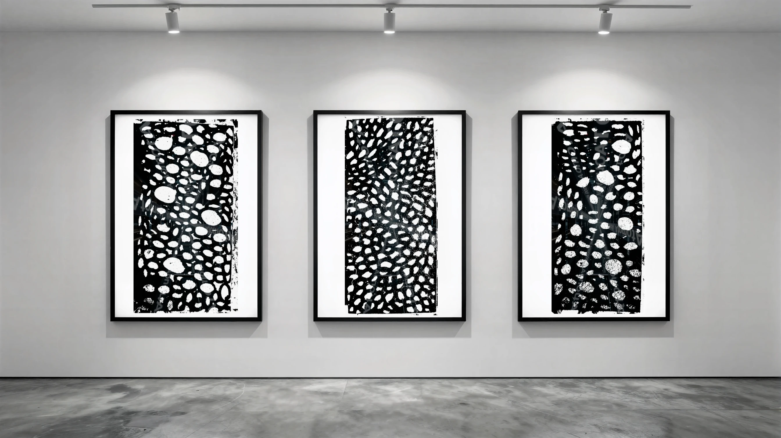Three vertical black and white art prints by AtomotA (André P. Winter) featuring high-contrast organic cell structures on textured paper, displayed in TheAtomotA ArtGallery.