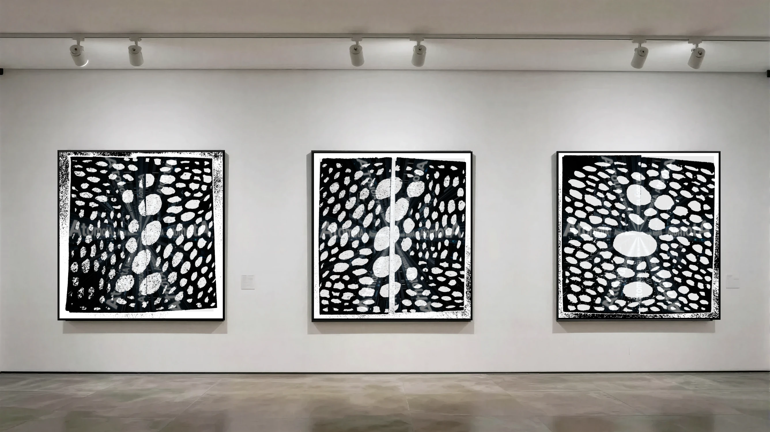 Three vertical black and white art prints by AtomotA (André P. Winter) featuring high-contrast organic cell structures on textured paper, displayed in TheAtomotA ArtGallery.