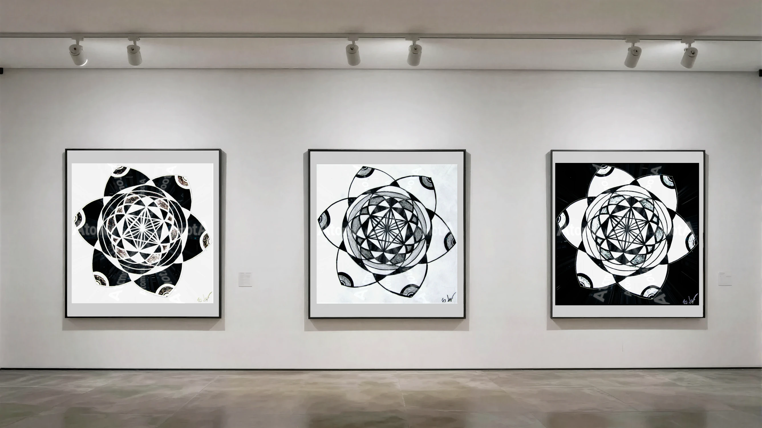 Three vertical black and white art prints by AtomotA (André P. Winter) featuring high-contrast organic cell structures on textured paper, displayed in TheAtomotA ArtGallery.