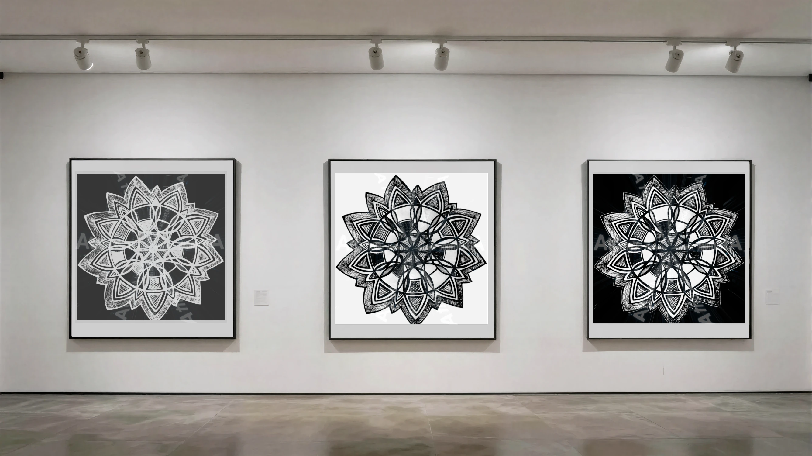 Three vertical black and white art prints by AtomotA (André P. Winter) featuring high-contrast organic mandala structures on textured paper, displayed in TheAtomotA ArtGallery.