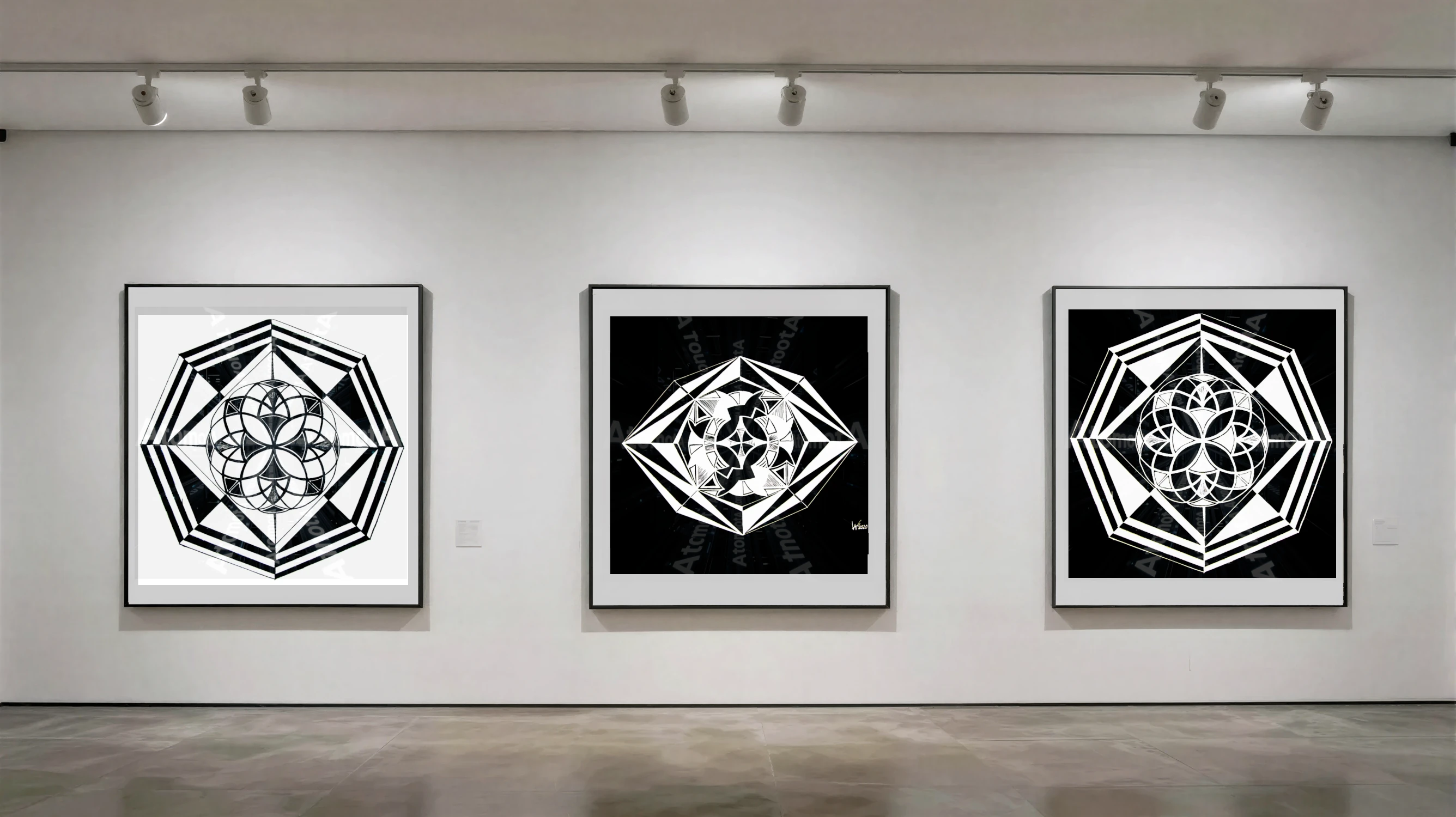 Three vertical black and white art prints by AtomotA (André P. Winter) featuring high-contrast organic mandala structures on textured paper, displayed in TheAtomotA ArtGallery.