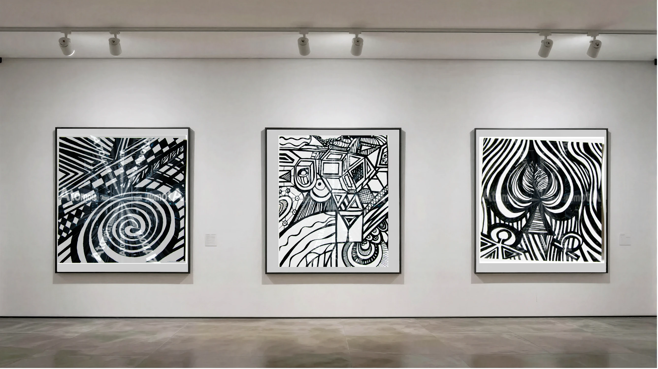 Three vertical black and white art prints by AtomotA (André P. Winter) featuring high-contrast organic mandala structures on textured paper, displayed in TheAtomotA ArtGallery.