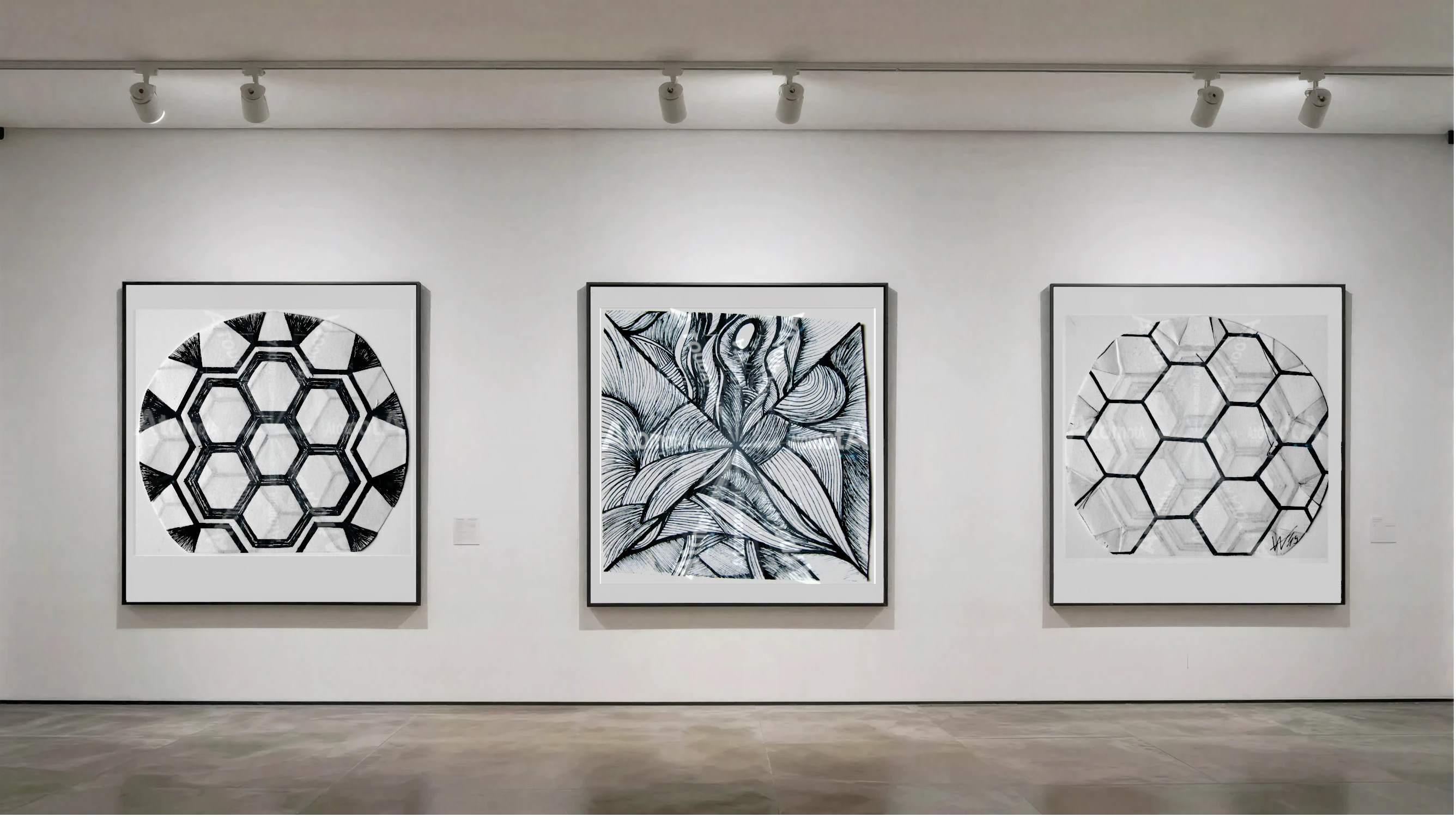 Three vertical black and white art prints by AtomotA (André P. Winter) featuring high-contrast organic mandala structures on textured paper, displayed in TheAtomotA ArtGallery.