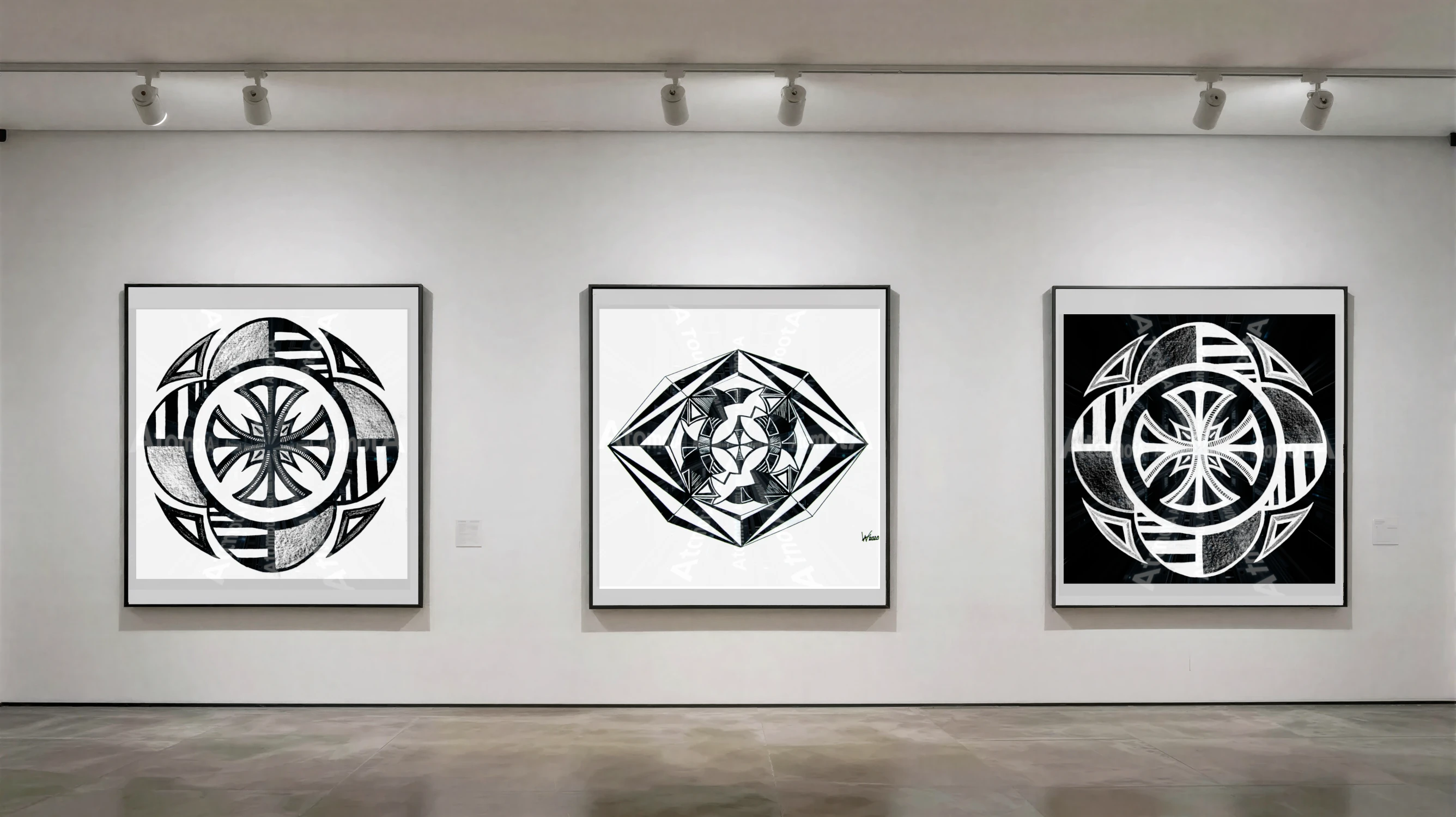 Three vertical black and white art prints by AtomotA (André P. Winter) featuring high-contrast organic mandala structures on textured paper, displayed in TheAtomotA ArtGallery.