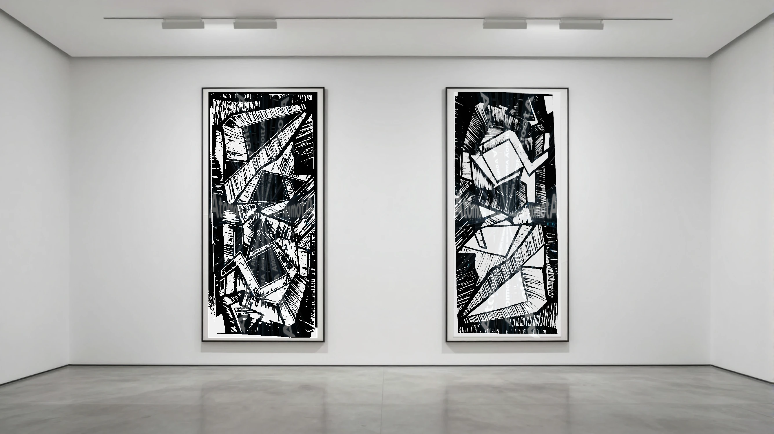 Three vertical black and white art prints by AtomotA (André P. Winter) featuring high-contrast organic mandala structures on textured paper, displayed in TheAtomotA ArtGallery.