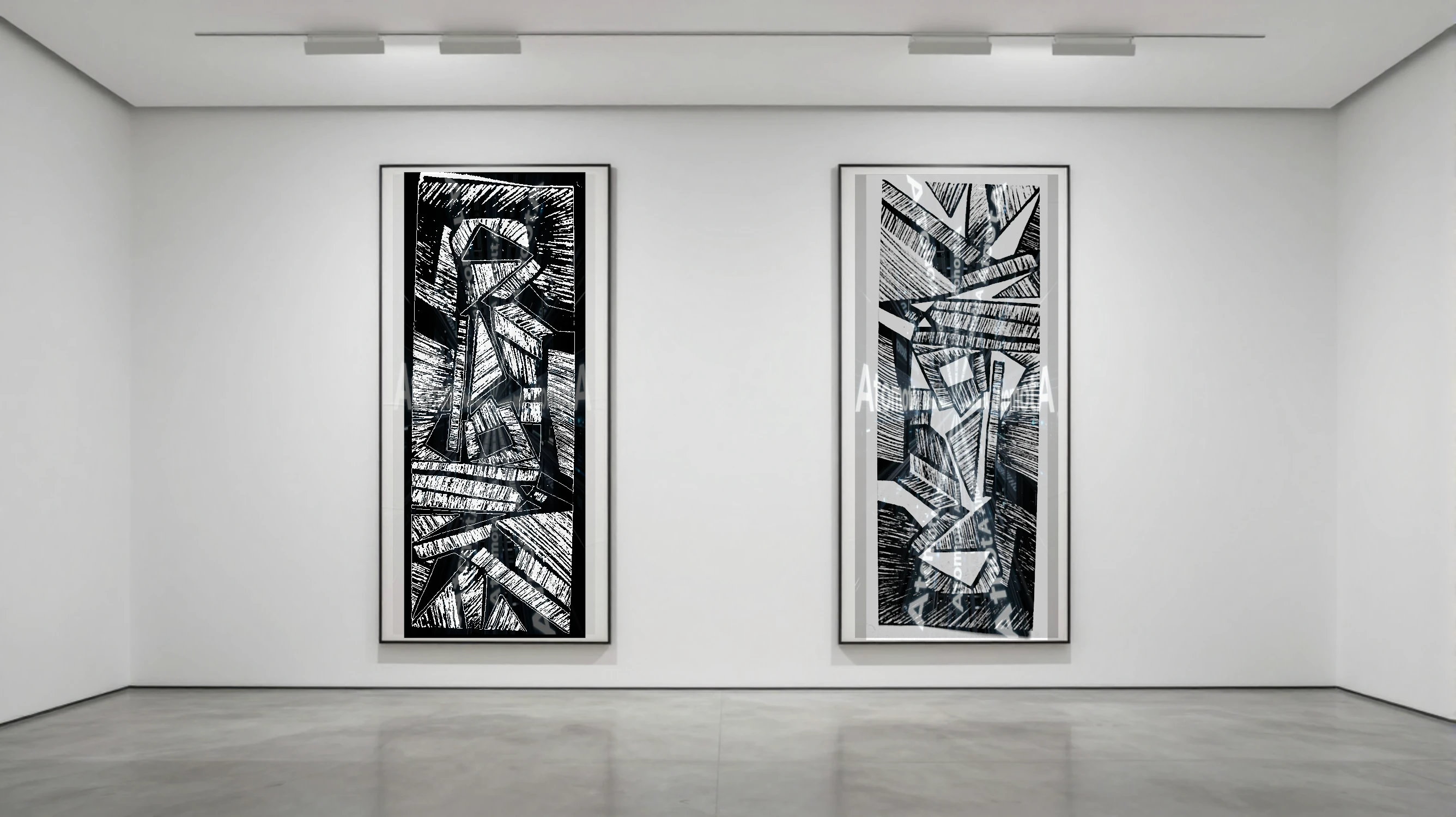 Three vertical black and white art prints by AtomotA (André P. Winter) featuring high-contrast organic mandala structures on textured paper, displayed in TheAtomotA ArtGallery.