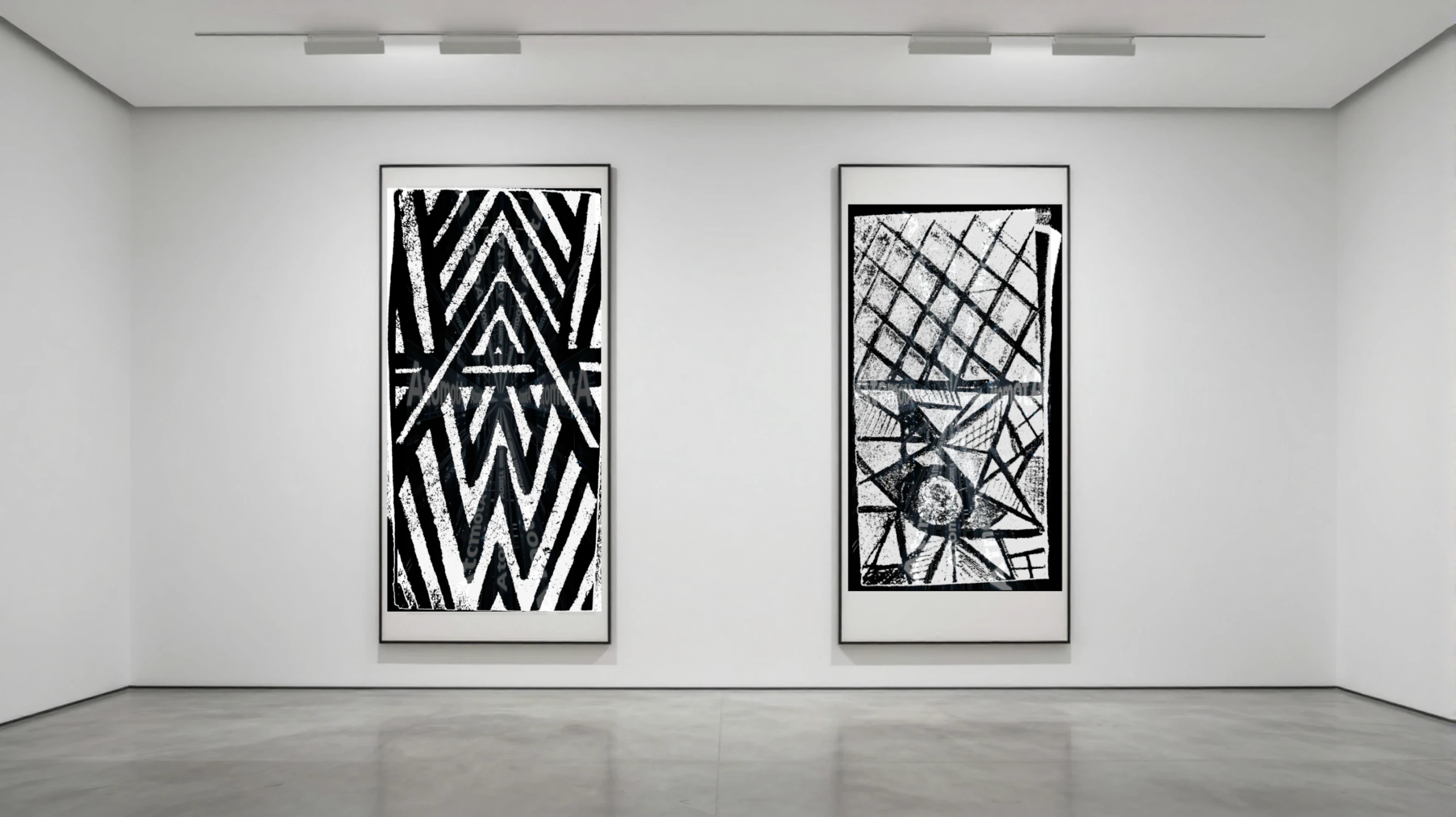 Three vertical black and white art prints by AtomotA (André P. Winter) featuring high-contrast organic mandala structures on textured paper, displayed in TheAtomotA ArtGallery.