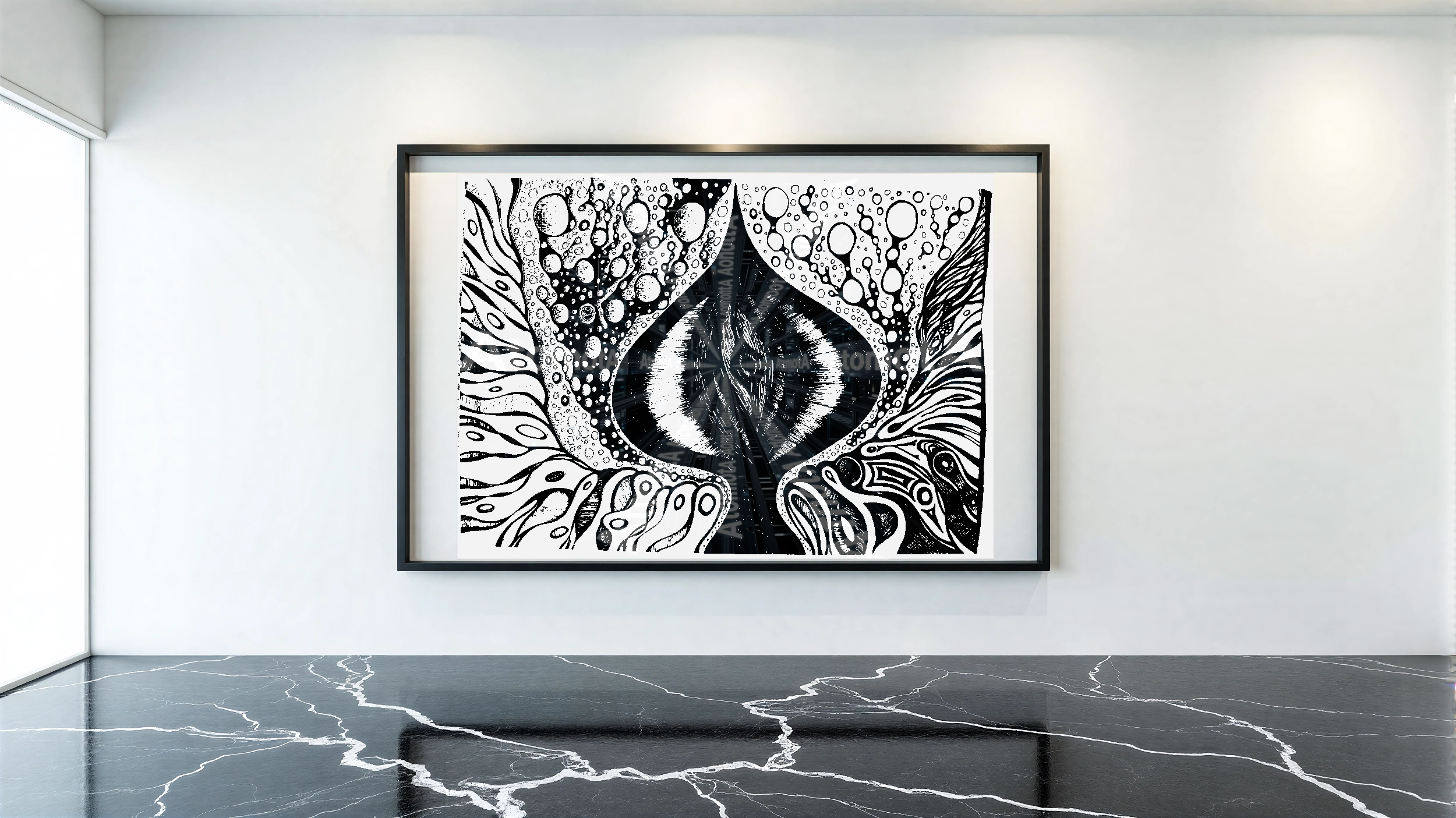 Three vertical black and white art prints by AtomotA (André P. Winter) featuring high-contrast organic mandala structures on textured paper, displayed in TheAtomotA ArtGallery.