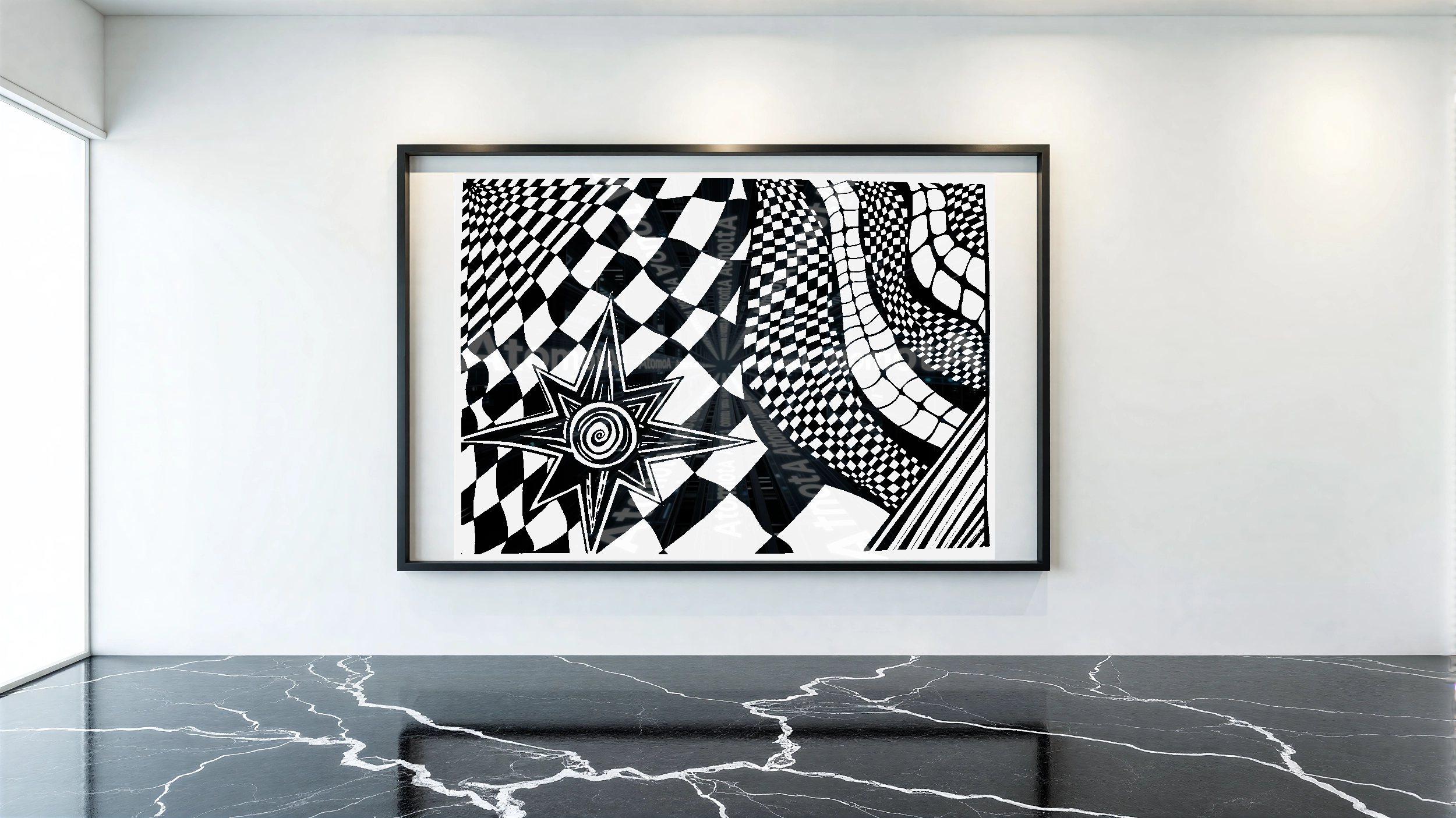 Three vertical black and white art prints by AtomotA (André P. Winter) featuring high-contrast organic mandala structures on textured paper, displayed in TheAtomotA ArtGallery.