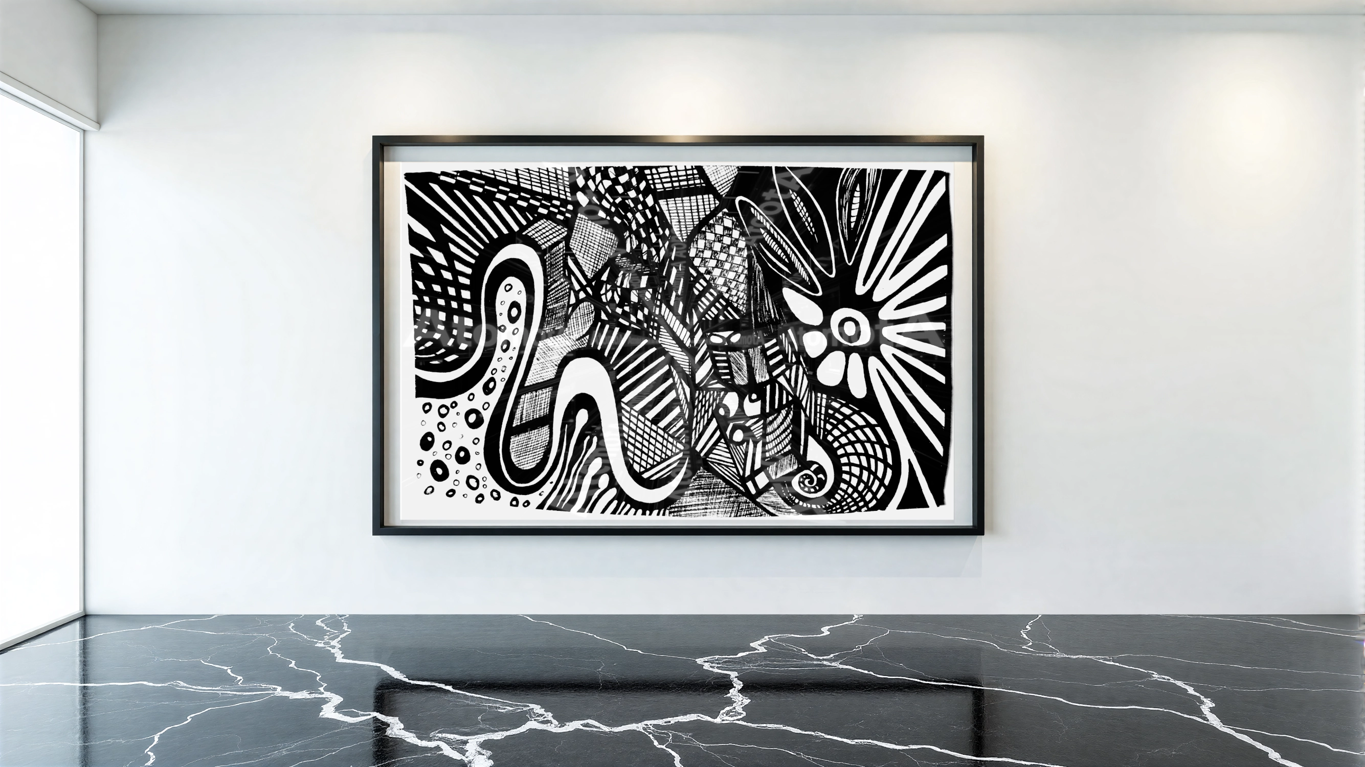 One digitized, hand-drawn black and white sketch by AtomotA (André P. Winter) featuring high-contrast organic mandala structures on textured paper, displayed in TheAtomotA ArtGallery.