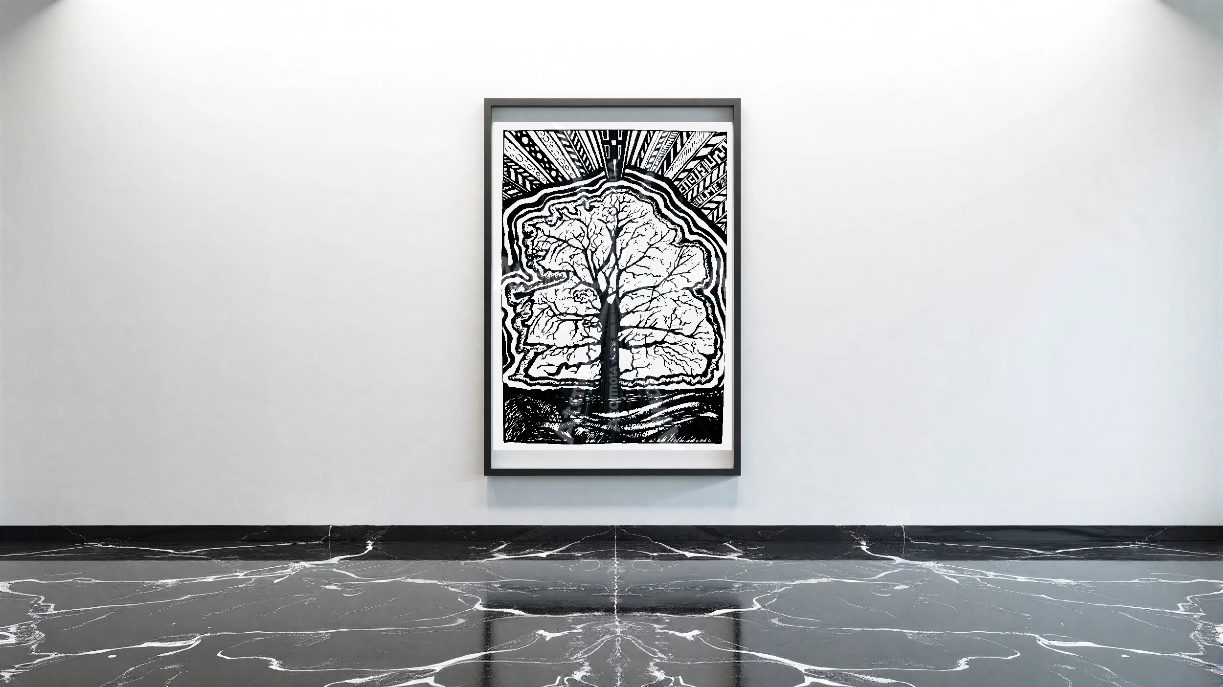Three vertical black and white art prints by AtomotA (André P. Winter) featuring high-contrast organic mandala structures on textured paper, displayed in TheAtomotA ArtGallery.