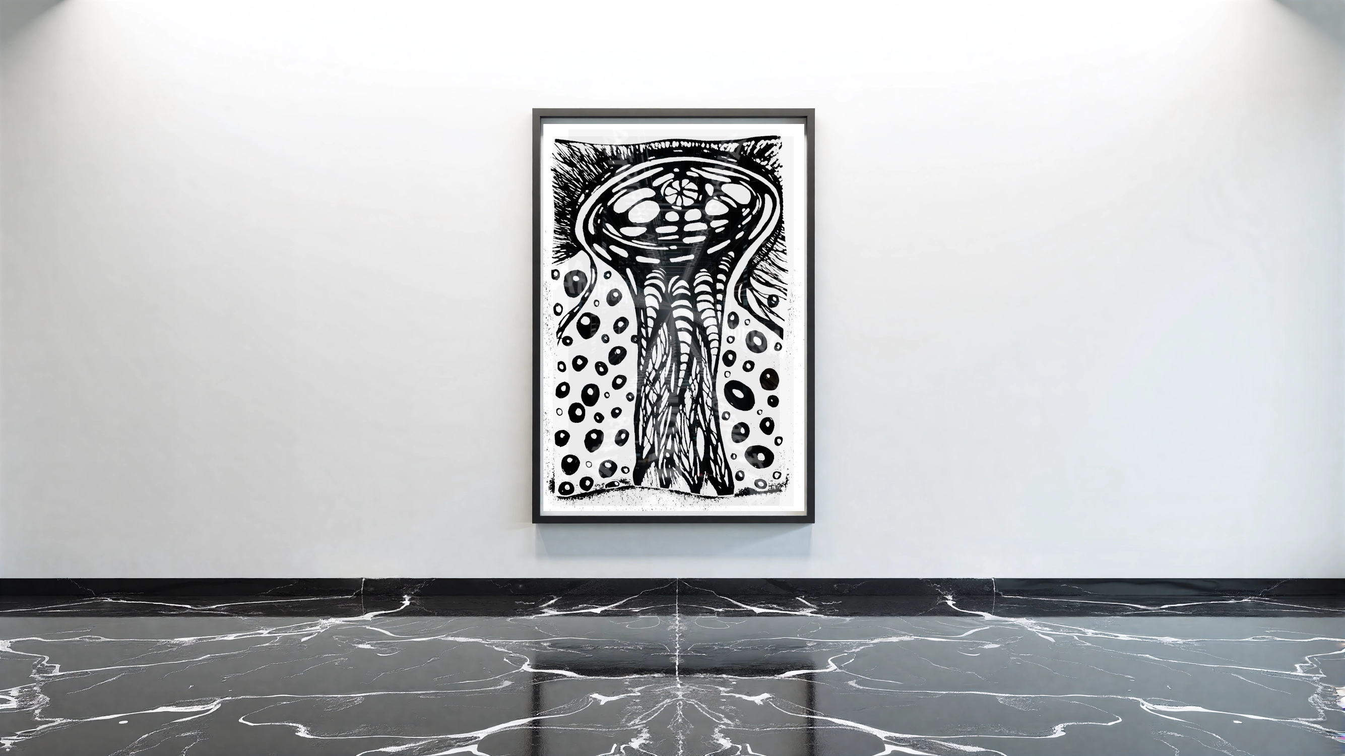 One digitized, hand-drawn black and white sketch by AtomotA (André P. Winter) featuring high-contrast organic mandala structures on textured paper, displayed in TheAtomotA ArtGallery.
