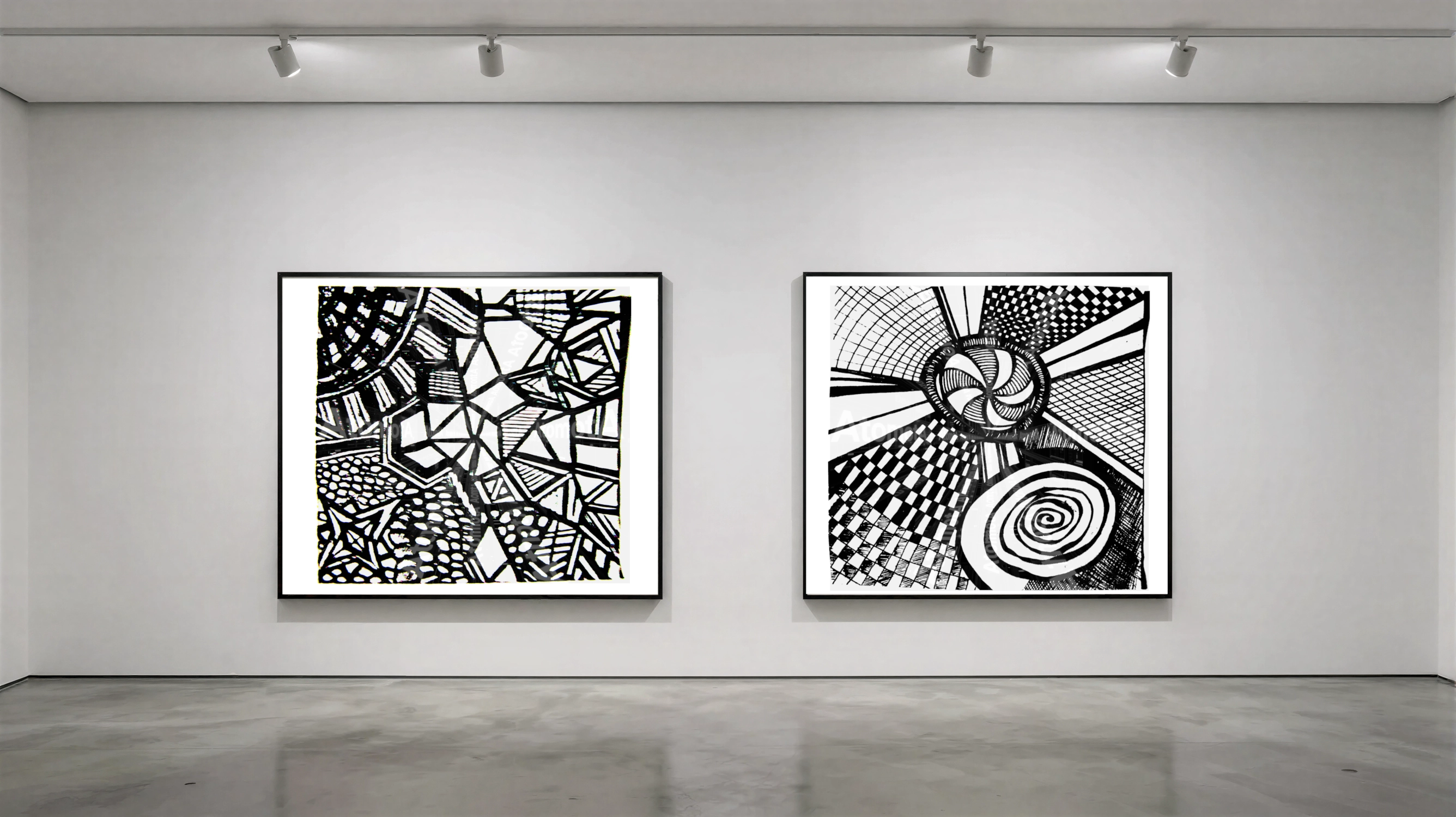 Two digitized, hand-drawn black and white sketches by AtomotA (André P. Winter) featuring high-contrast organic mandala structures on textured paper, displayed in TheAtomotA ArtGallery.