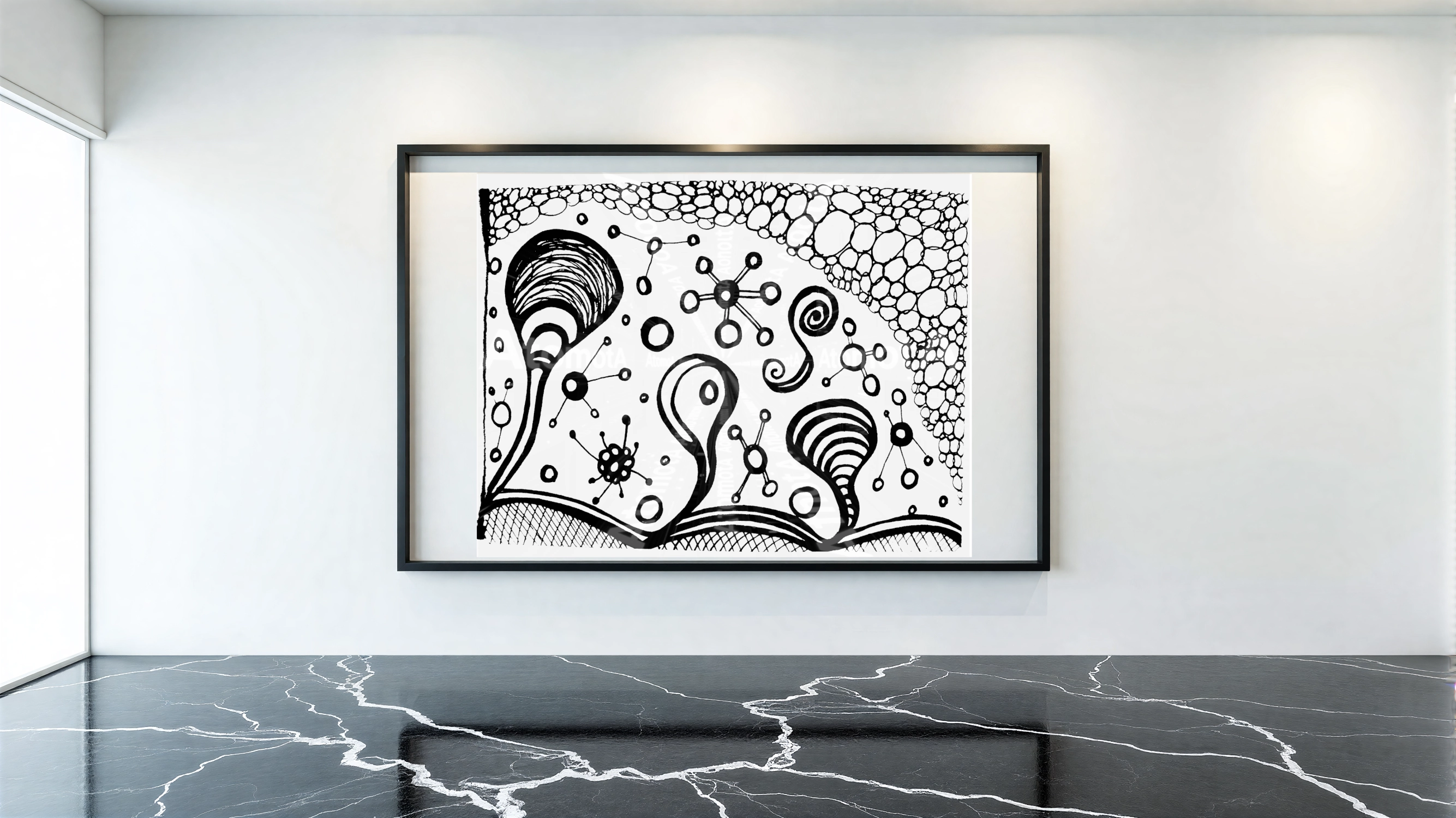 One digitized, hand-drawn black and white sketch by AtomotA (André P. Winter) featuring high-contrast organic mandala structures on textured paper, displayed in TheAtomotA ArtGallery.