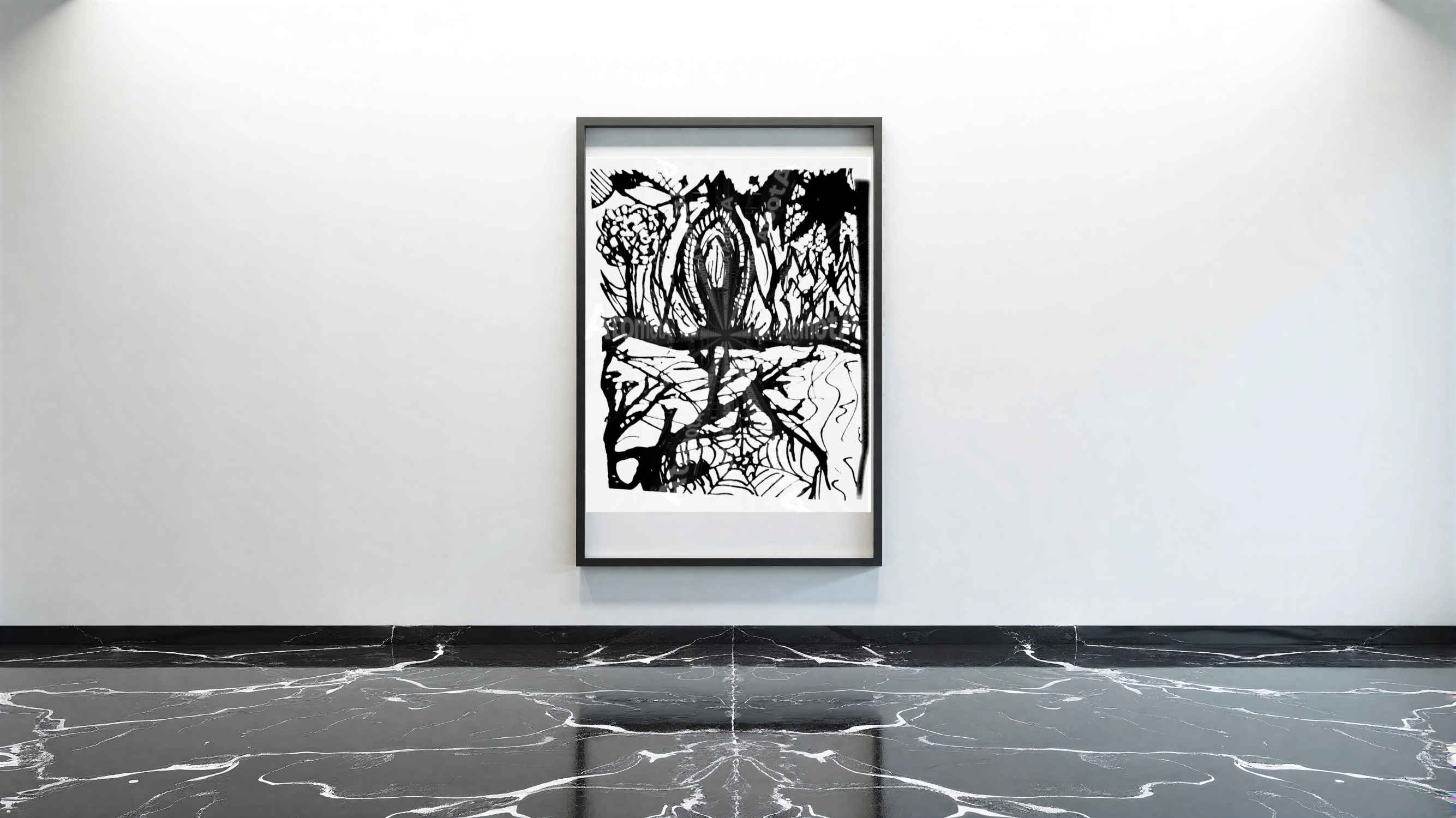 One digitized, hand-drawn black and white sketch by AtomotA (André P. Winter) featuring high-contrast organic mandala structures on textured paper, displayed in TheAtomotA ArtGallery.