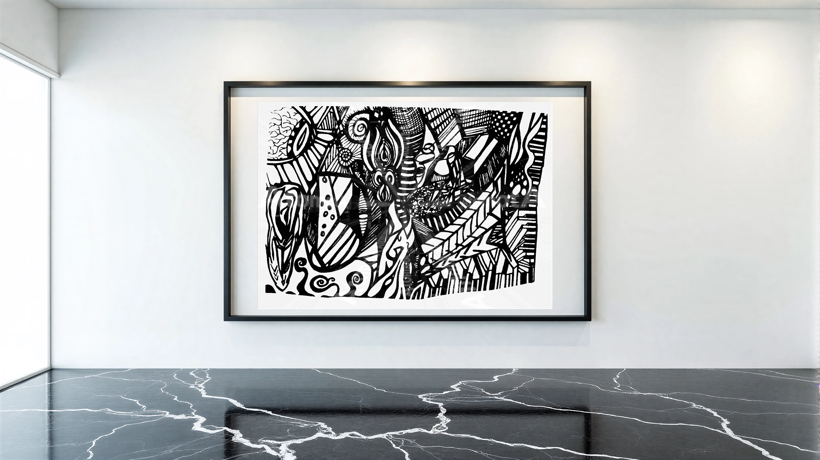 One digitized, hand-drawn black and white sketch by AtomotA (André P. Winter) featuring high-contrast organic mandala structures on textured paper, displayed in TheAtomotA ArtGallery.
