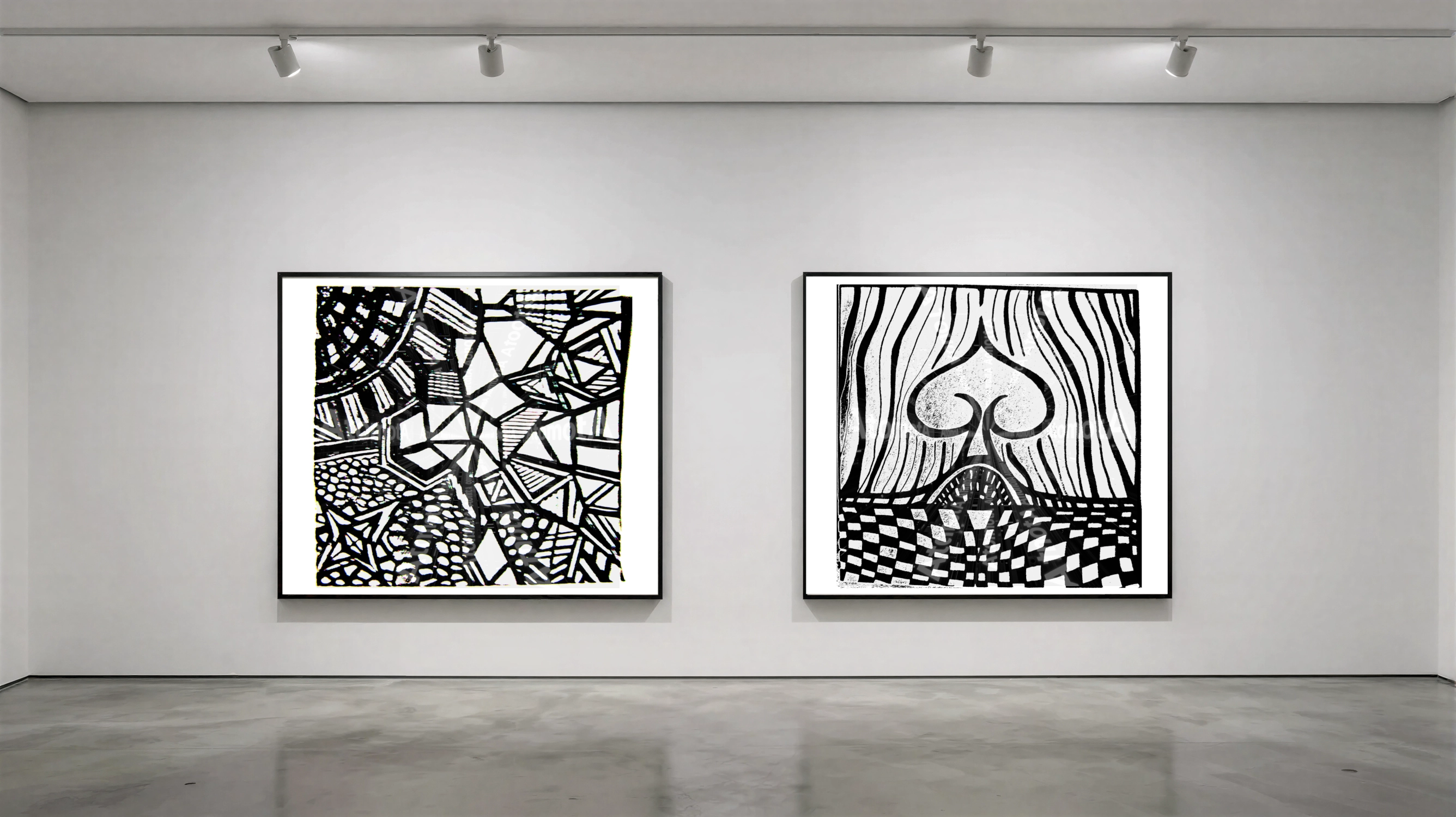 Two digitized, hand-drawn black and white sketches by AtomotA (André P. Winter) featuring high-contrast organic mandala structures on textured paper, displayed in TheAtomotA ArtGallery.